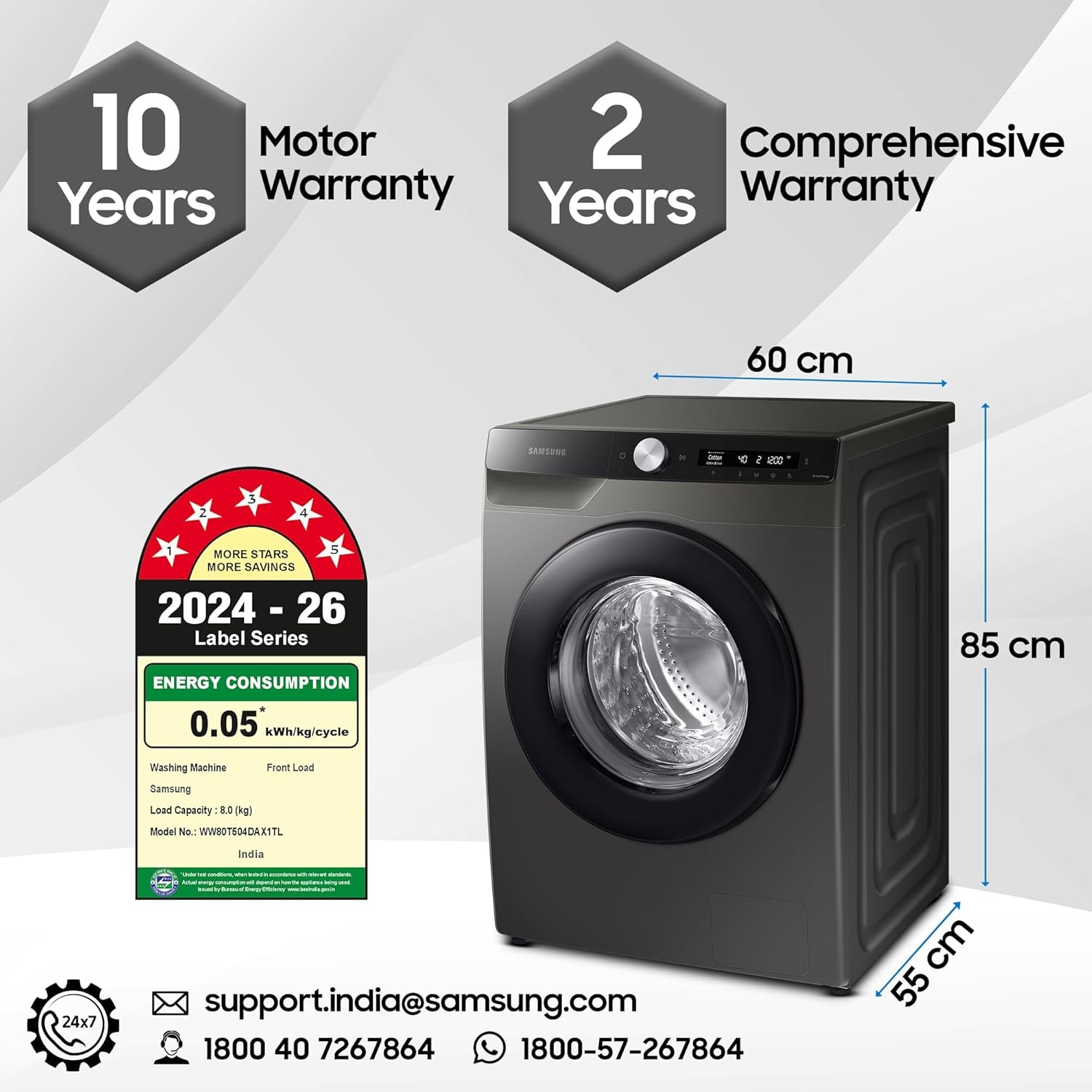 Samsung 8 kg, 5 star, AI Control, AI Eco Bubble, Wi-Fi, Digital Inverter, Motor, Fully-Automatic Front